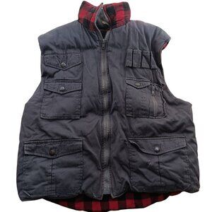 Large Vintage  Camp Vest Ozark Trail Mens Plaid Lined Gray Utility Pockets 90s